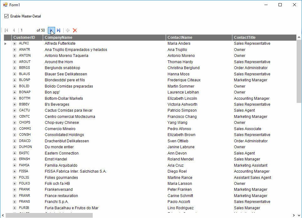 Master Detail Customisable rows